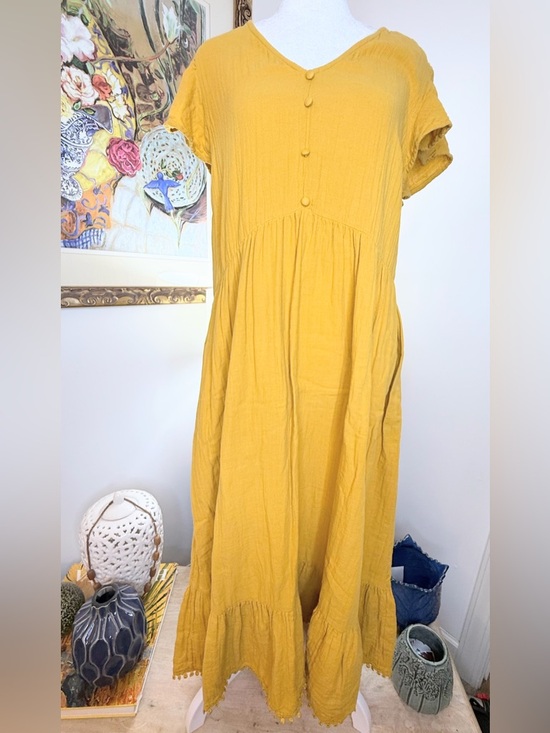 Time and Tru Dresses & Skirts - Time Tru Yellow Cotton Gauze Midi Dress L 12 14 Boho Tiered Summer Beach